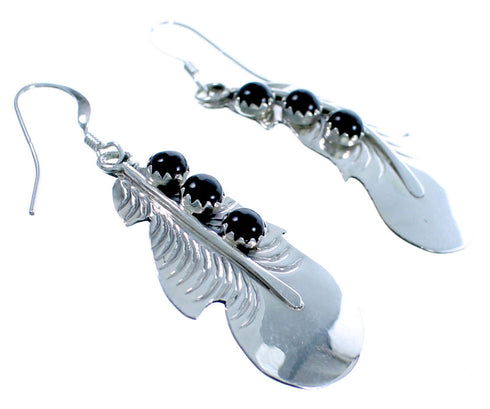 Navajo Sterling Silver Onyx Feather Hook Dangle Earrings DX117264